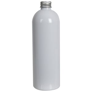 16 oz. White PET Cosmo Round Bottle with 24/410 Brushed Silver Aluminum Cap with Foam Liner