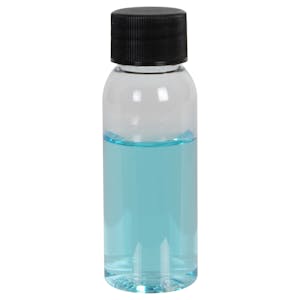 1 oz. Clear PET High Clarity Cosmo Round Bottle with 20/410 Black Ribbed Cap with F217 Liner