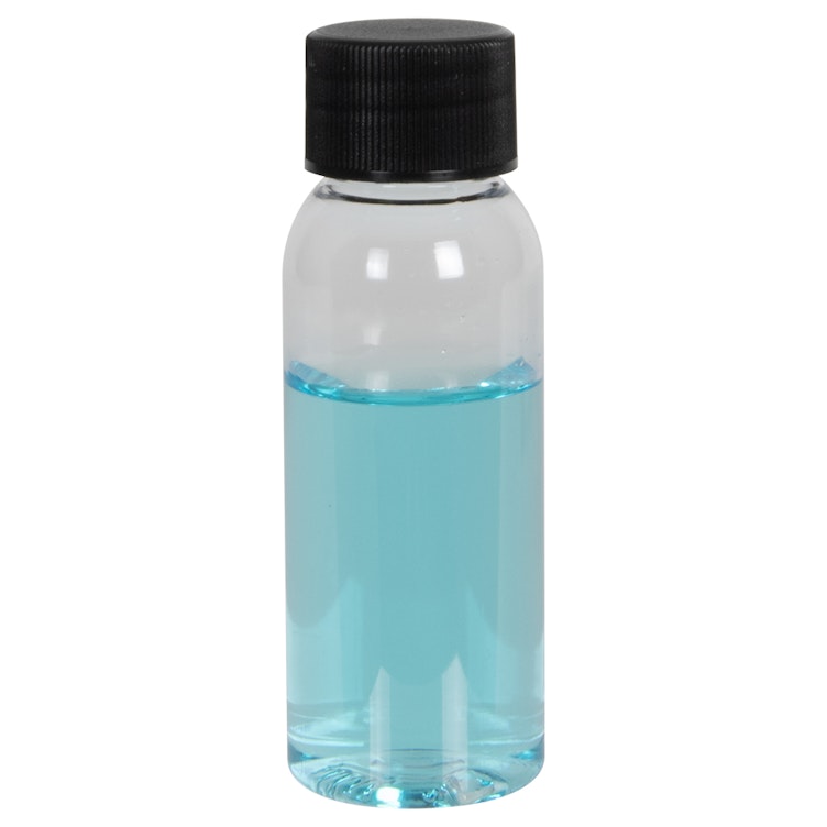 1 oz. Clear PET High Clarity Cosmo Round Bottle with 20/410 Black Ribbed Cap with F217 Liner
