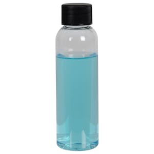 2 oz. Clear PET High Clarity Cosmo Round Bottle with 20/410 Black Ribbed Cap with F217 Liner