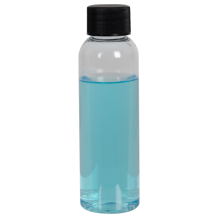 2 oz. Clear PET High Clarity Cosmo Round Bottle with 20/410 Black Ribbed Cap with F217 Liner