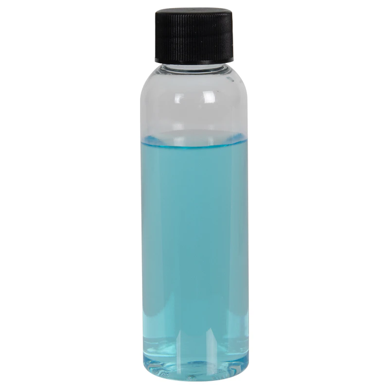2 oz. Clear PET High Clarity Cosmo Round Bottle with 20/410 Black Ribbed Cap with F217 Liner