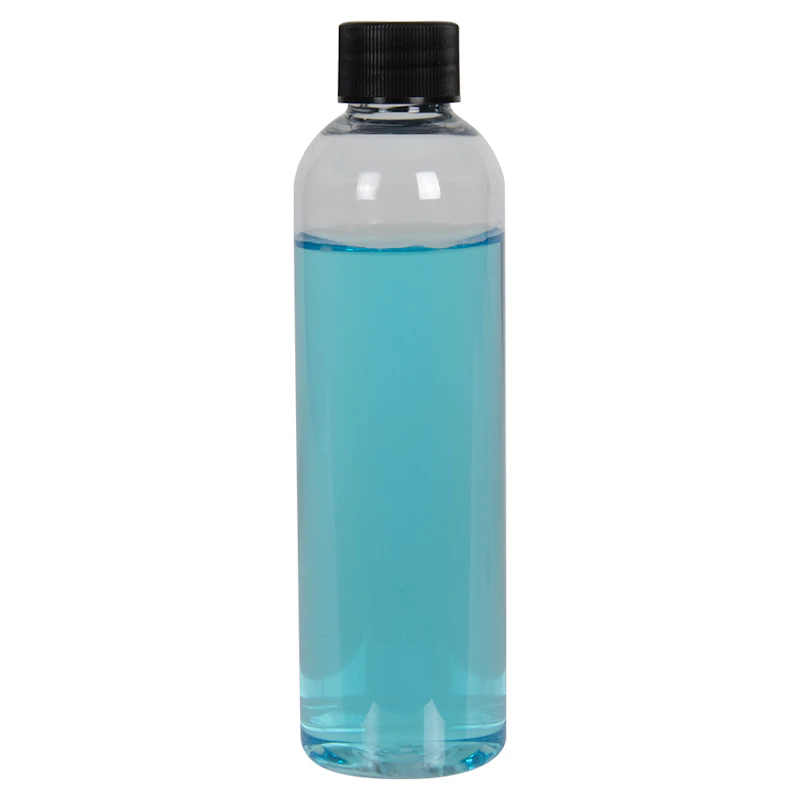 4 oz. Clear PET High Clarity Cosmo Round Bottle with 20/410 Black Ribbed Cap with F217 Liner