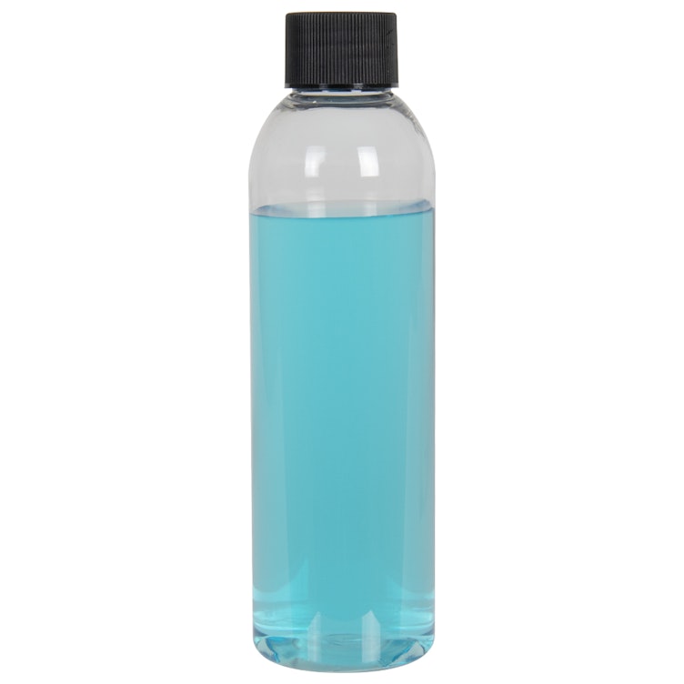 6 oz. Clear PET High Clarity Cosmo Round Bottle with 24/410 Black Ribbed Cap with F217 Liner