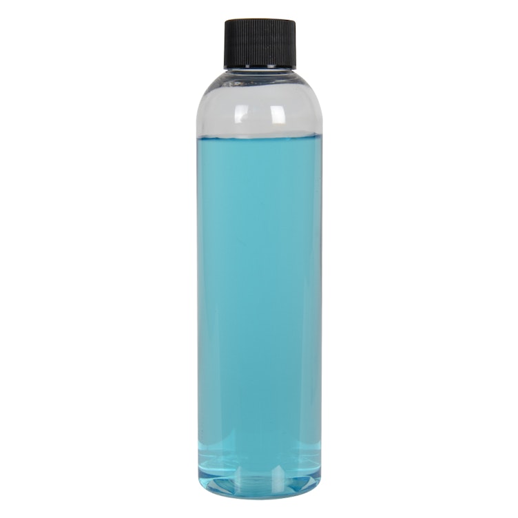 8 oz. Clear PET High Clarity Cosmo Round Bottle with 24/410 Black Ribbed Cap with F217 Liner