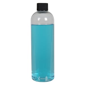 12 oz. Clear PET High Clarity Cosmo Round Bottle with 24/410 Black Ribbed Cap with F217 Liner