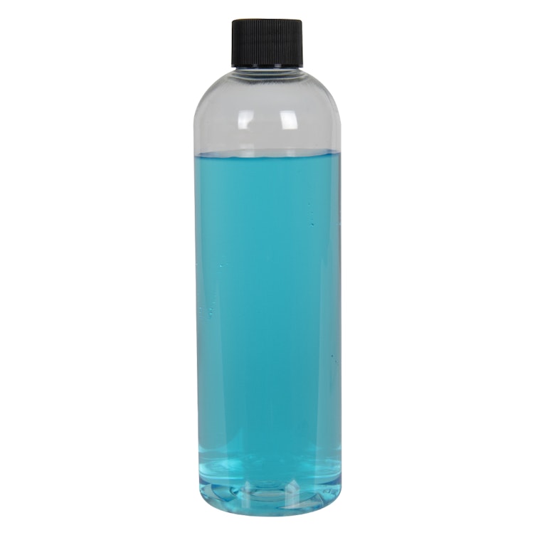 12 oz. Clear PET High Clarity Cosmo Round Bottle with 24/410 Black Ribbed Cap with F217 Liner