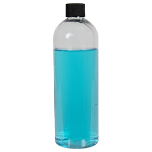 16 oz. Clear PET High Clarity Cosmo Round Bottle with 24/410 Black Ribbed Cap with F217 Liner