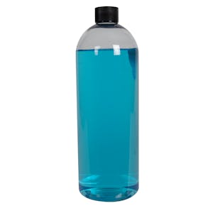 32 oz. Clear PET High Clarity Cosmo Round Bottle with 28/410 Black Ribbed Cap with F217 Liner