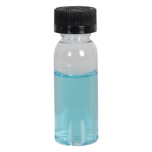 1 oz. Clear PET High Clarity Cosmo Round Bottle with 20/400 Black Ribbed CRC Cap with F217 Liner