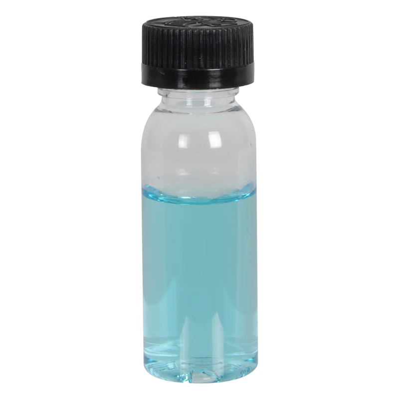 1 oz. Clear PET High Clarity Cosmo Round Bottle with 20/400 Black Ribbed Child-Resistant Cap (CRC) with F217 Liner