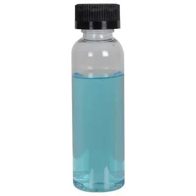 2 oz. Clear PET High Clarity Cosmo Round Bottle with 20/400 Black Ribbed Child-Resistant Cap (CRC) with F217 Liner