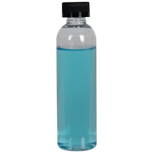 4 oz. Clear PET High Clarity Cosmo Round Bottle with 20/400 Black Ribbed CRC Cap with F217 Liner
