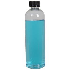 12 oz. Clear PET High Clarity Cosmo Round Bottle with 24/400 Black Ribbed CRC Cap with F217 Liner