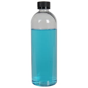 16 oz. Clear PET High Clarity Cosmo Round Bottle with 24/400 Black Ribbed CRC Cap with F217 Liner