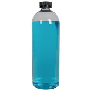 32 oz. Clear PET High Clarity Cosmo Round Bottle with 28/400 Black Ribbed CRC Cap with F217 Liner