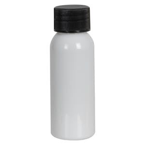 1 oz. White PET Cosmo Round Bottle with 20/410 Black Ribbed Cap with F217 Liner