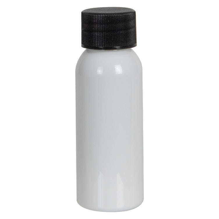 1 oz. White PET Cosmo Round Bottle with 20/410 Black Ribbed Cap with F217 Liner