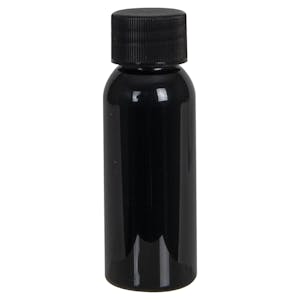 1 oz. Black PET Cosmo Round Bottle with 20/410 Black Ribbed Cap with F217 Liner