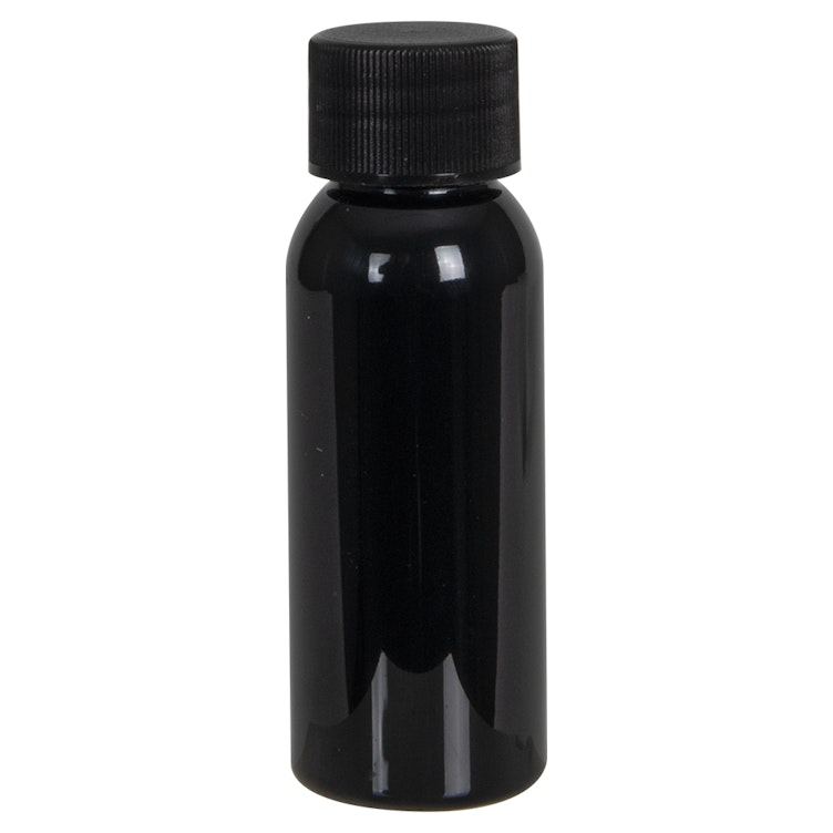 1 oz. Black PET Cosmo Round Bottle with 20/410 Black Ribbed Cap with F217 Liner