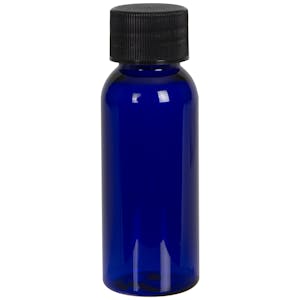 1 oz. Cobalt Blue PET Cosmo Round Bottle with 20/410 Black Ribbed Cap with F217 Liner