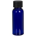 1 oz. Cobalt Blue PET Cosmo Round Bottle with 20/410 Black Ribbed Cap with F217 Liner