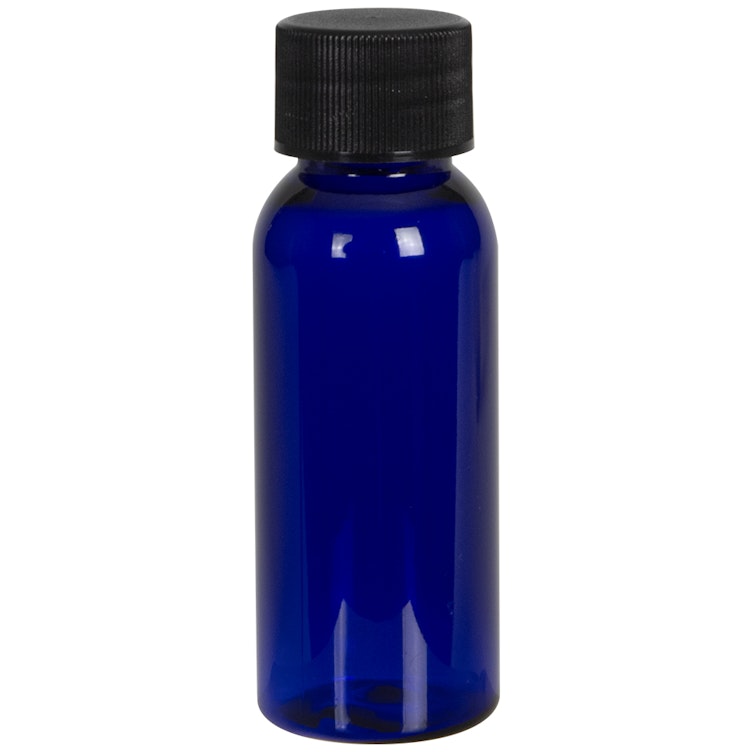 1 oz. Cobalt Blue PET Cosmo Round Bottle with 20/410 Black Ribbed Cap with F217 Liner