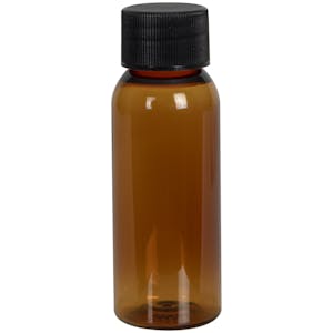 1 oz. Clarified Amber PET Cosmo Round Bottle with 20/410 Black Ribbed Cap with F217 Liner