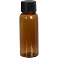 1 oz. Clarified Amber PET Cosmo Round Bottle with 20/410 Black Ribbed Cap with F217 Liner