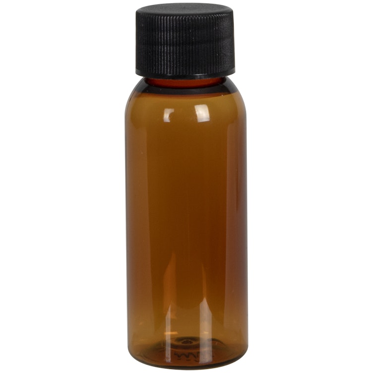 1 oz. Clarified Amber PET Cosmo Round Bottle with 20/410 Black Ribbed Cap with F217 Liner