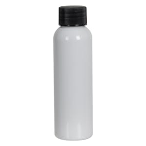 2 oz. White PET Cosmo Round Bottle with 20/410 Black Ribbed Cap with F217 Liner