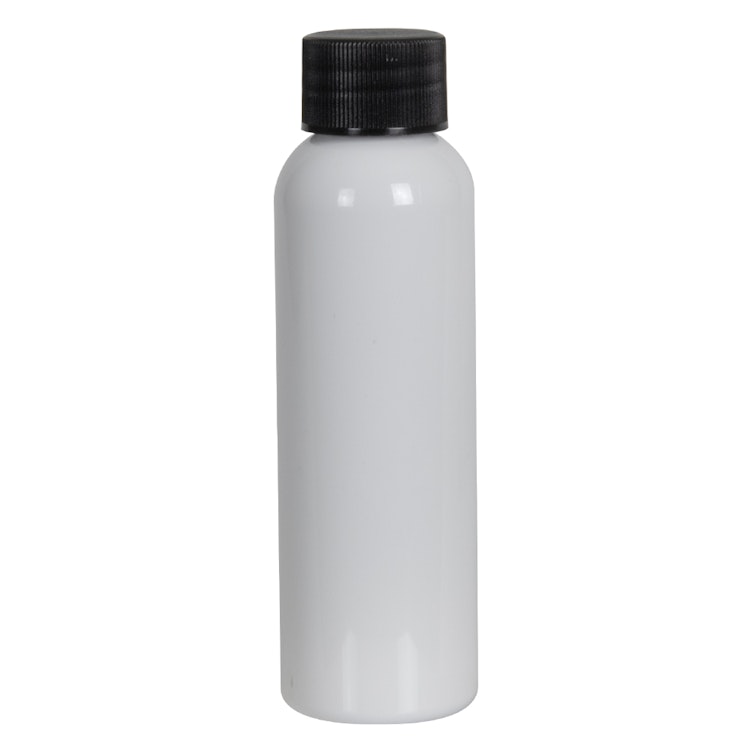 2 oz. White PET Cosmo Round Bottle with 20/410 Black Ribbed Cap with F217 Liner