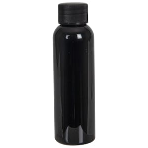 2 oz. Black PET Cosmo Round Bottle with 20/410 Black Ribbed Cap with F217 Liner
