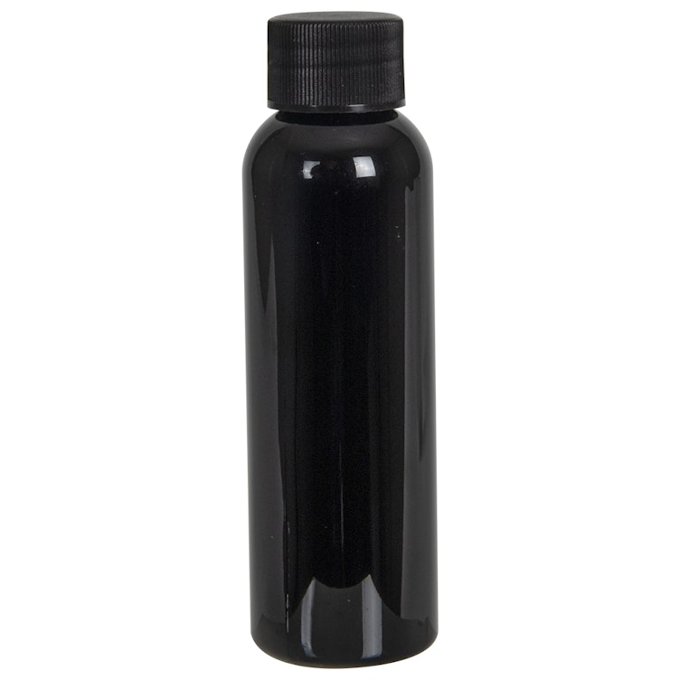 2 oz. Black PET Cosmo Round Bottle with 20/410 Black Ribbed Cap with F217 Liner