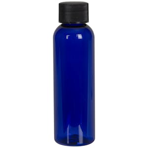 2 oz. Cobalt Blue PET Cosmo Round Bottle with 20/410 Black Ribbed Cap with F217 Liner