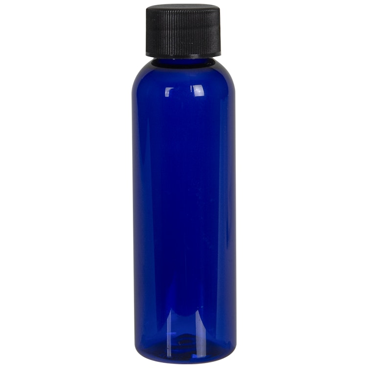 2 oz. Cobalt Blue PET Cosmo Round Bottle with 20/410 Black Ribbed Cap with F217 Liner