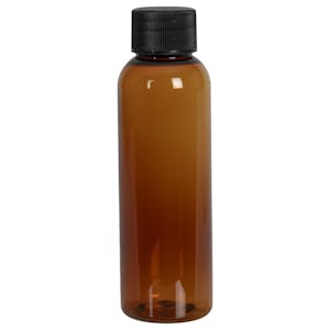 2 oz. Clarified Amber PET Cosmo Round Bottle with 20/410 Black Ribbed Cap with F217 Liner