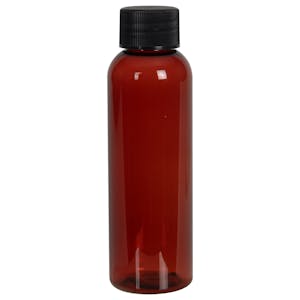 2 oz. Red Amber PET Cosmo Round Bottle with 20/410 Black Ribbed Cap with F217 Liner