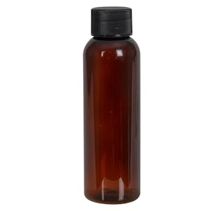 2 oz. Light Amber PET Cosmo Round Bottle with 20/410 Black Ribbed Cap with F217 Liner