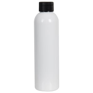 4 oz. White PET Cosmo Round Bottle with 20/410 Black Ribbed Cap with F217 Liner