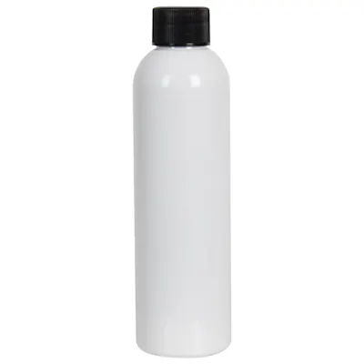 4 oz. White PET Cosmo Round Bottle with 20/410 Black Ribbed Cap with F217 Liner