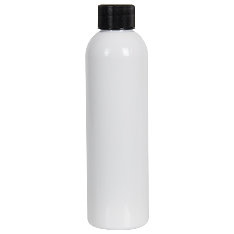 4 oz. White PET Cosmo Round Bottle with 20/410 Black Ribbed Cap with F217 Liner