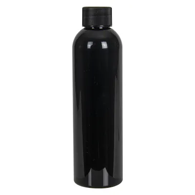 4 oz. Black PET Cosmo Round Bottle with 20/410 Black Ribbed Cap with F217 Liner