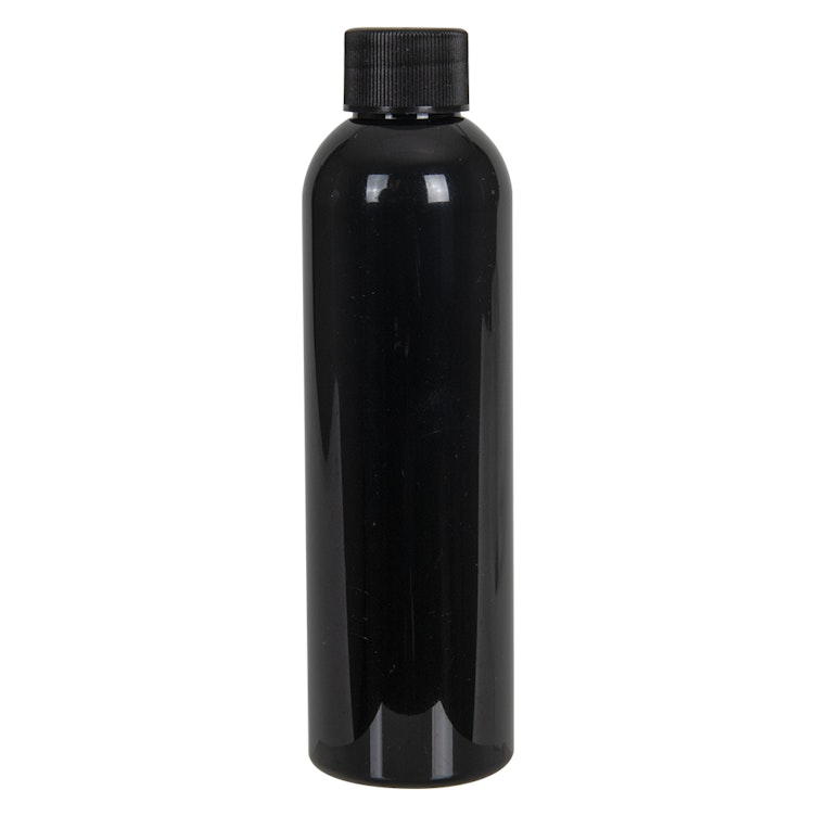 4 oz. Black PET Cosmo Round Bottle with 20/410 Black Ribbed Cap with F217 Liner