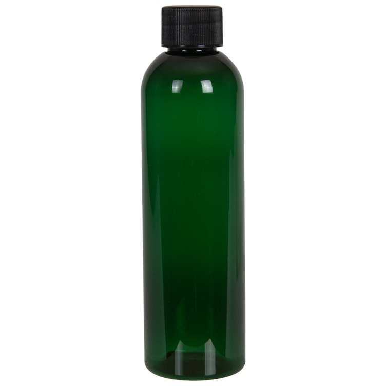4 oz. Dark Green PET Cosmo Round Bottle with 20/410 Black Ribbed Cap with F217 Liner