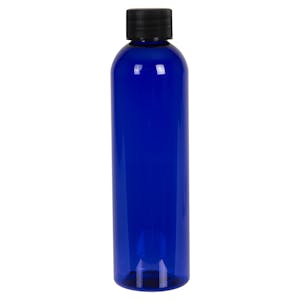4 oz. Cobalt Blue PET Cosmo Round Bottle with 20/410 Black Ribbed Cap with F217 Liner