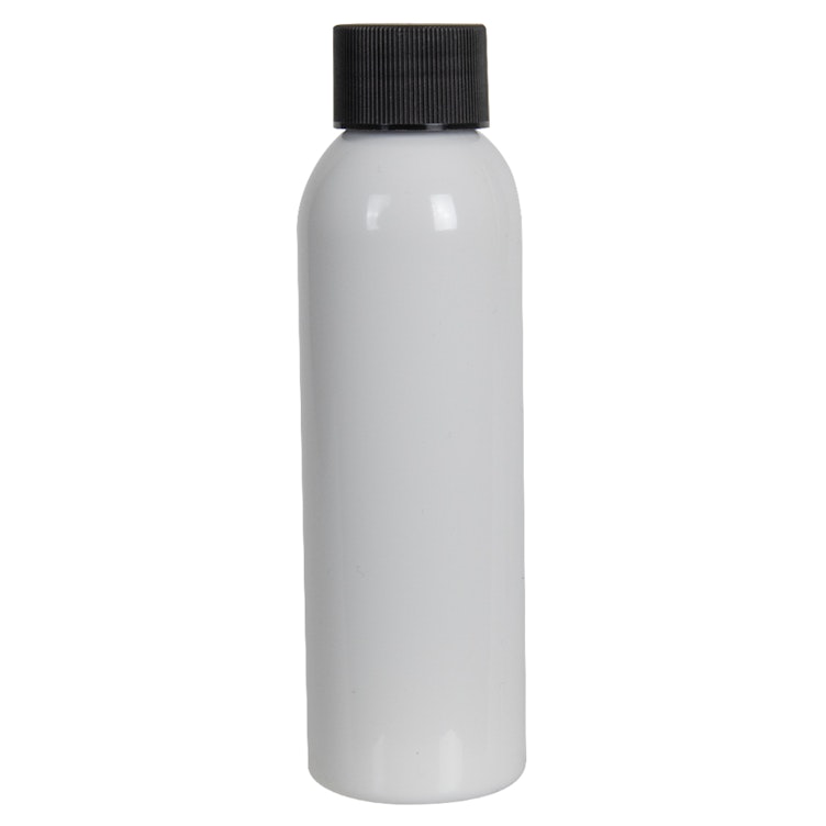 4 oz. White PET Cosmo Round Bottle with 24/410 Black Ribbed Cap with F217 Liner