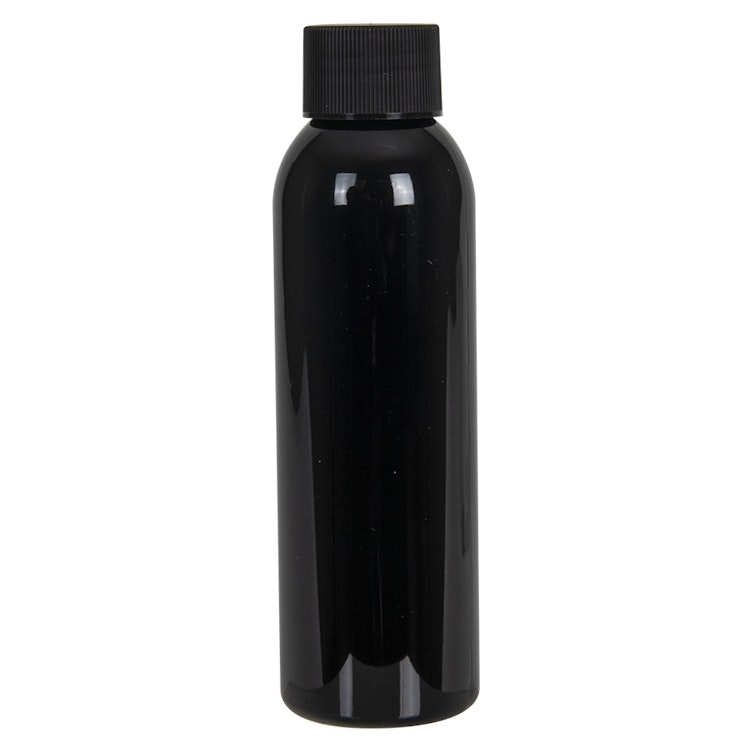4 oz. Black PET Cosmo Round Bottle with 24/410 Black Ribbed Cap with F217 Liner