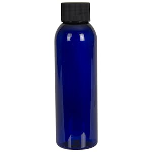 4 oz. Cobalt Blue PET Cosmo Round Bottle with 24/410 Black Ribbed Cap with F217 Liner