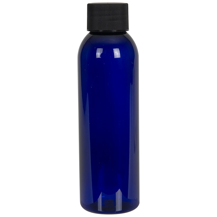4 oz. Cobalt Blue PET Cosmo Round Bottle with 24/410 Black Ribbed Cap with F217 Liner